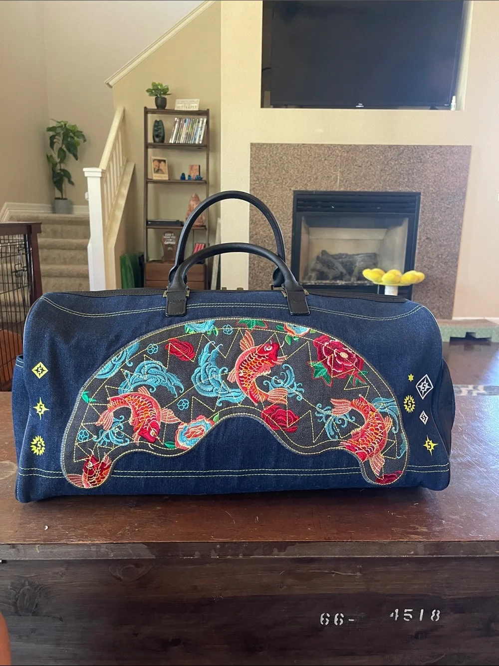 Sprayground Navy Blue Red Koi Embroidered Weekender Bag